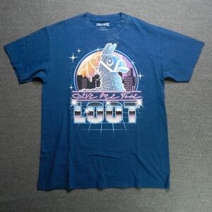 Fortnite T-Shirt Adult Size Medium Blue Pink Give Me‎ The Loot Graphic Tee